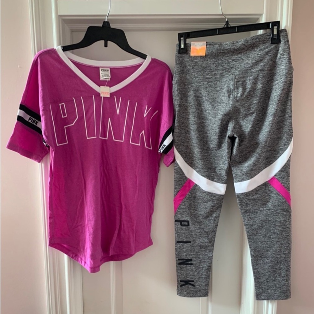 NEW VSPINK SS CAMPUS TEE W/HIGH WAISTED ANKLE LEGGINGS SET